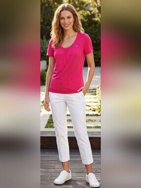 Lacoste Pink Soft Short Sleeve Top w/ Scoopneck Banded Hem 46 L XL